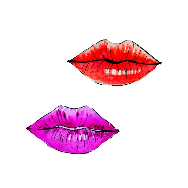 Watercolor fashion sketch of red and violet lips