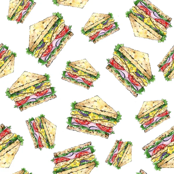 Patrón Sin Costuras Con Sándwiches Aislados Dibujados Mano — Foto de Stock