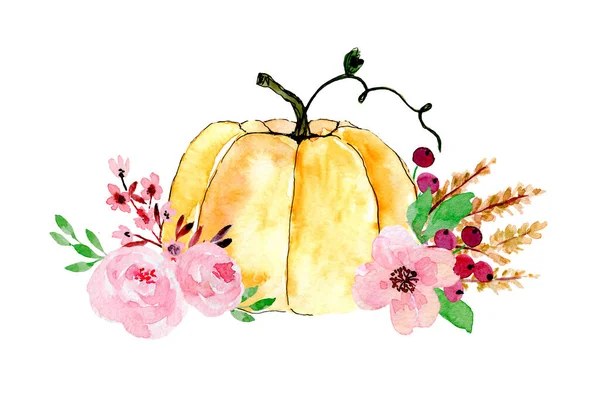 Akvarell Illusztráció Egy Tök Díszített Virágok Beries Búza Lombozat — Stock Fotó
