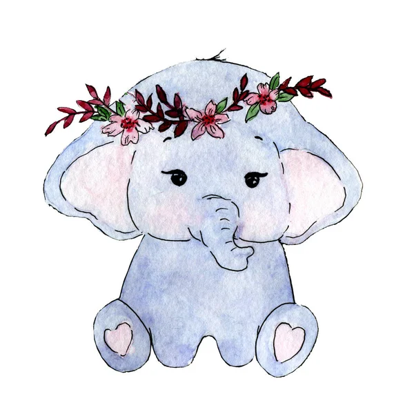 Watercolor Ilustração Bebê Bonito Elefante Uma Grinalda Sentado Face Para — Fotografia de Stock