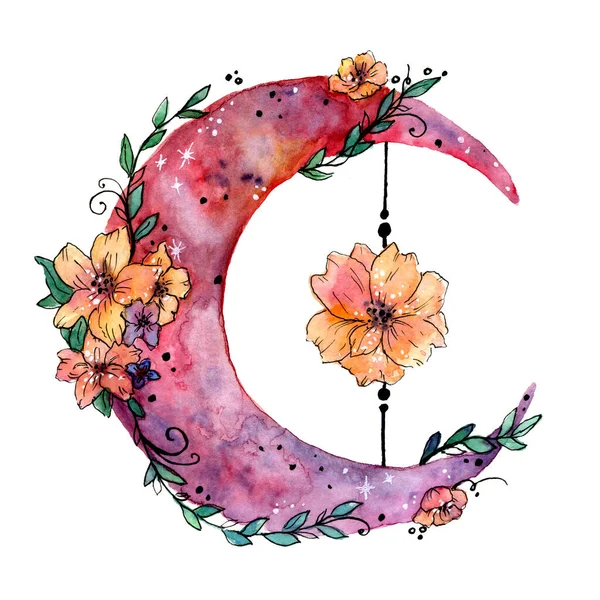 Watercolor illustration of abstract moon with flowers on white background