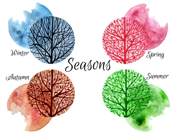 Beyaz Zemin Üzerinde Dört Mevsim Şekillendirilmiş Elle Boyanmış Suluboya Çizimi — Stok fotoğraf