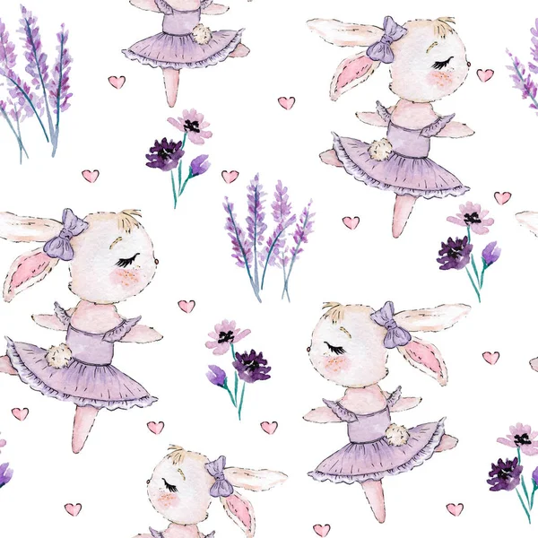 Seamless Pattern Cute Bunny Flowers Lavender Tones Isolated White — Stock Photo, Image