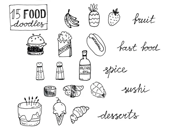 Handgezeichnete Schwarz Weiße Färbung Mit Fünfzehn Lebensmittelkritzeleien Auf Weißem Hintergrund — Stockfoto