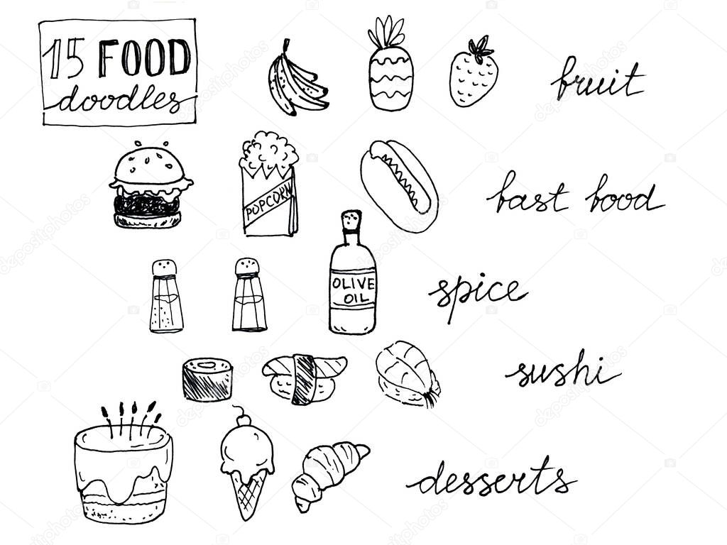 Hand drawn black and white coloring with fifteen food doodles isolated on white background