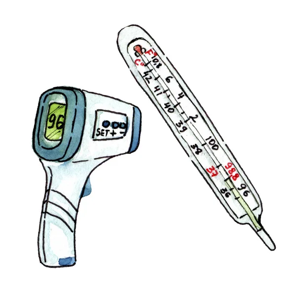 Dwa ręcznie rysowane termometry akwarelowe — Zdjęcie stockowe