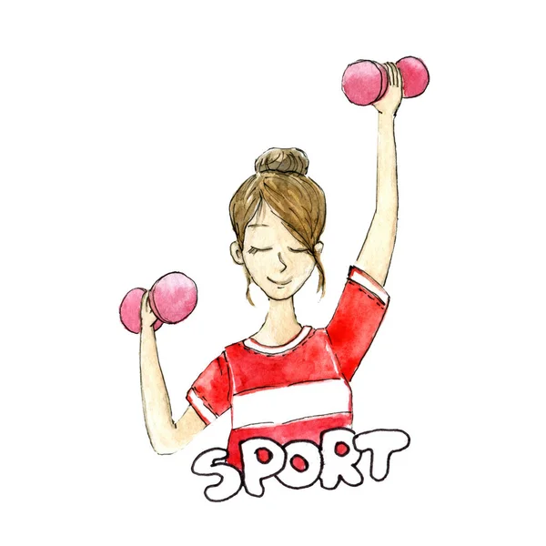 Watercolor illustration of a girl with dumbbells with hand written word sport