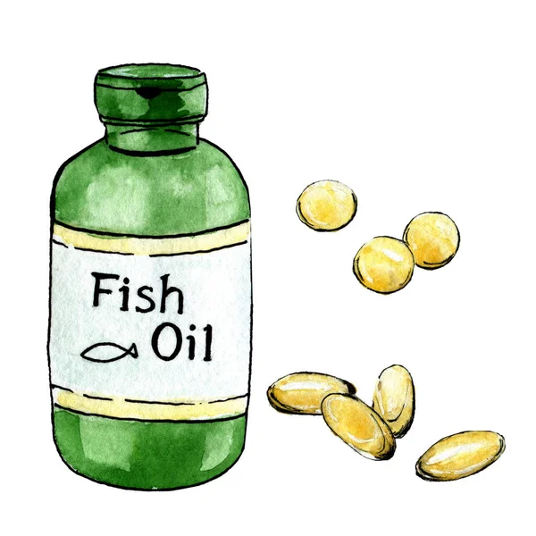 Watercolor Illustration Plactic Jar Fish Oil Separate Capules White Background — Stock Photo, Image