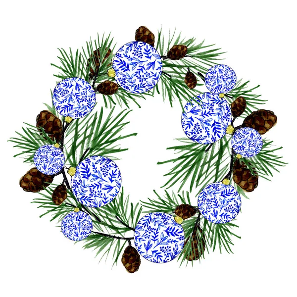 圣诞花环的水彩画 花环上有装饰过的球和被白色隔离的云杉球果 — 图库照片