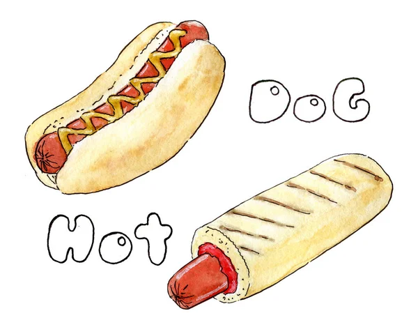 Akvarel Ilustrace Ručně Kresleného Hot Dogu Francouzského Hot Dogu Psaným — Stock fotografie