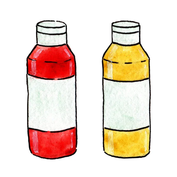 Ilustración Acuarela Dos Botellas Rojas Amarillas Sobre Fondo Blanco —  Fotos de Stock