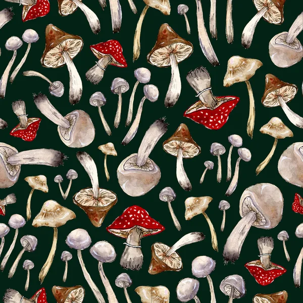 Modello Senza Cuciture Con Funghi Acquerello Disegnati Mano Sfondo Verde — Foto Stock