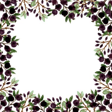 Beyaz arkaplanda çerçeve olarak tasarlanan el çizilmiş böğürtlenlerin suluboya çizimi