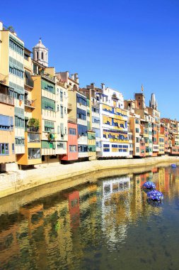 Girona, İspanya - 10 Mayıs 2015: Çiçek ve Saray'nın yansıma Onyar nehir