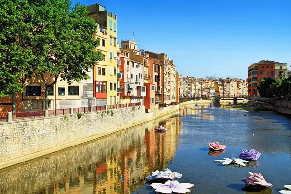 Girona Espanha Maio 2015 Flores Reflexo Casa Rio Onyar — Fotografia de Stock