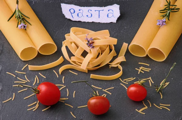 Variety Pasta Tomatos Black Slate — Stock Photo, Image