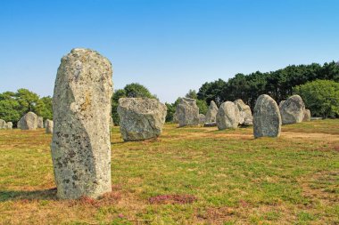 Carnac (Karnag) Stones -the largest megalithic site in the world consisting of alignments, dolmens, tumuli and single menhirs around the village of Carnac in Brittany, France clipart