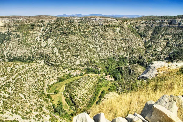 Cyrk Navacelles Cirque Navacelles Parku Narodowym Cevennes Gard Francja Wpisanego — Zdjęcie stockowe