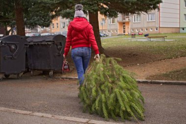 El çantalı bir kadın Noel ağacını çöp konteynırına çeker. Kırmızı çantalı ve ceketli bir kadın konteynıra çam ağacı taşır. Çöp kamyonları onu daha sonra alacak..