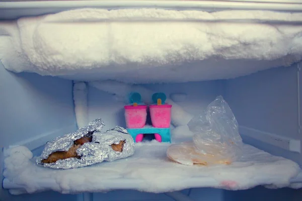 Разогреваю Морозилку Чрезвычайно Замороженный Холодильник Полный Льда Разогреть Морозилку Ужасная — стоковое фото