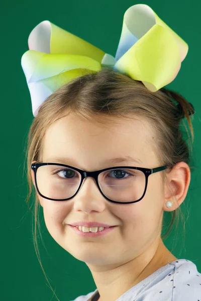 Ten Year Old Pretty Girl Black Glasses Big Bow Her — Stock Photo, Image