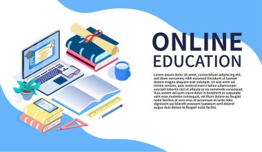 Metin yeri olan çevrimiçi eğitim, beyaz arkaplanda izole edilmiş düz izometrik illüstrasyon.