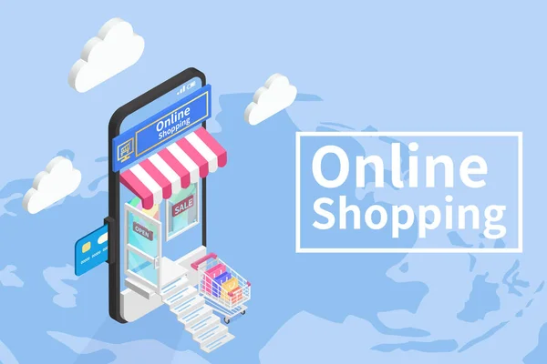 İnternet sitesinde veya mobil uygulama vektöründe çevrimiçi alışveriş izometriği, merdiven makbuzu, dünya haritası arka planı, pazarlama ve dijital pazarlama ve dağıtım kavramı.