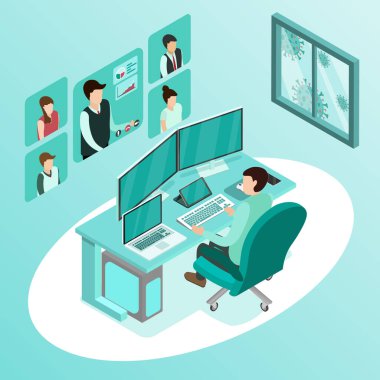 Çalışma masasında video konferansında çalışan adam, evden çalışan, pencerenin dışında virüs hücreleri, programcı, iş analizi, tasarımcı, serbest çalışan, Isometric COVID-19.