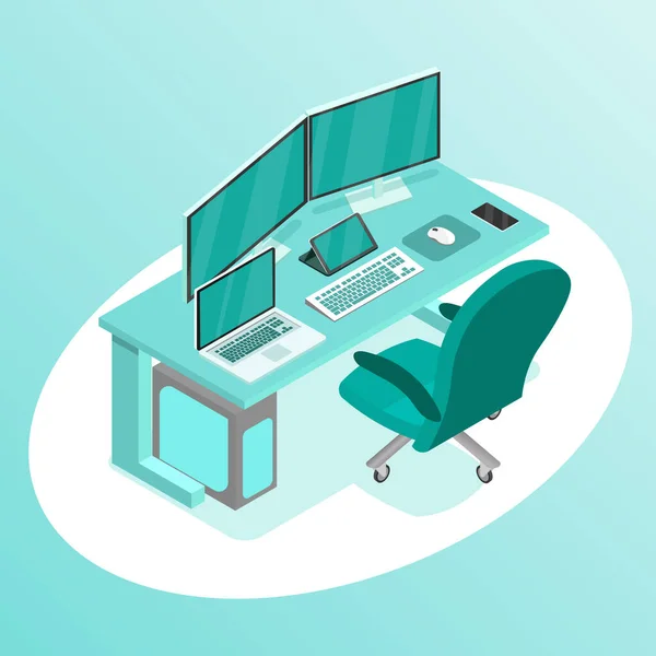 Vector Isometric Desk Desktop 컴퓨터 모니터 노트북 사무실 — 스톡 벡터