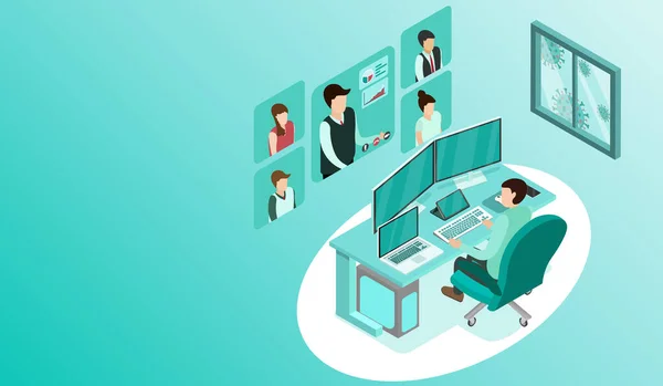 Çalışma masasında video konferansında çalışan adam, evden çalışan, pencerenin dışında virüs hücreleri, programcı, iş analizi, tasarımcı, serbest çalışan, Isometric COVID-19.