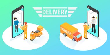 Isometric dağıtım hizmeti konsepti, Door and Holding Paket Kutusunun yanında duran kurye.