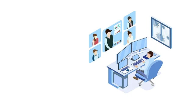 Çalışma masasında video konferansında çalışan adam, evden çalışan, pencerenin dışında virüs hücreleri, programcı, iş analizi, tasarımcı, serbest çalışan, Isometric COVID-19.