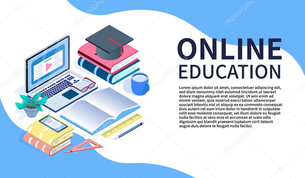 Online education with text place, Flat isometric illustration isolated on white background.