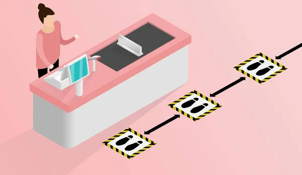 Sinais Isométricos Filas Pessoas Fila Distanciamento Social Balcão Pagamento Para — Vetor de Stock