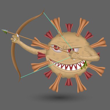 Korkunç ve şeytani yüzlü bir virüs hücresi. El ele tutuşan tahta yay ve ok siyah arka planda izole edildi. COVID-19, 2019-NCoV. Wuhan virüs hastalığı. Corona Virüs Hücresi. Virüs konseptini yaymak.