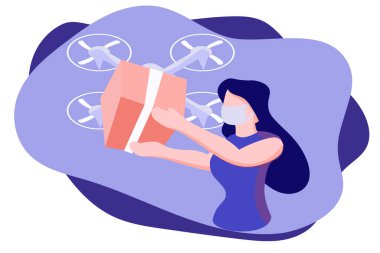 Düz vektör kadın Quadcopter tarafından teslim edilen paketi alıyor veya gönderiyor koruyucu maske takıyor İHA teslimat servisi kavramı.