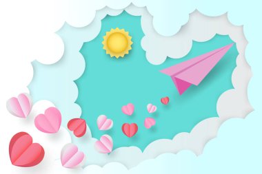 Kağıt Sanatı, Pembe origami kağıt uçak havada uçarken kalp gönderir Sevgililer Günü 'nde,