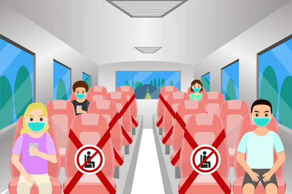 Espacement Social Chaise Intérieur Bus Pour Protéger Pandémie Virus Covid — Image vectorielle