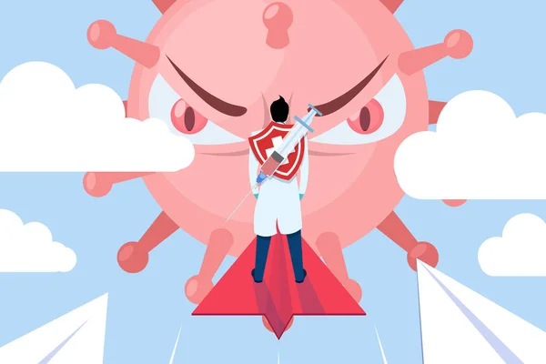 Vektör illüstrasyon Covid-19 Corona virüsü ile savaşıyor, virüs hücresiyle savaşmak için kağıttan uçakta doktor, son patron virüsü, Coronavirüs, 2019-nCoV, covid-19, virüsle mücadele kavramı..