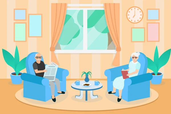 Büyükbabam ve büyükannem oturma odasında bir kanepede oturuyor, büyükbabam gazete okuyor, büyükannem kitap okuyor, yaşlı çift evdeki bir kanepede oturuyor, evde kalıyorlar..