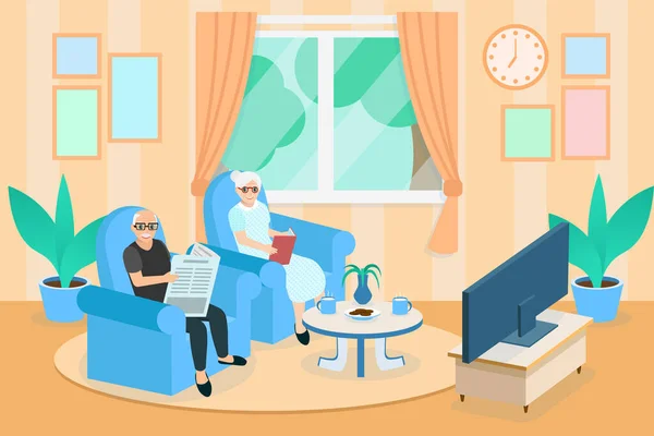 Büyükbabam ve büyükannem oturma odasında bir kanepede oturuyor, büyükbabam gazete okuyor, büyükannem kitap okuyor, yaşlı çift evdeki bir kanepede oturuyor, evde kalıyorlar..