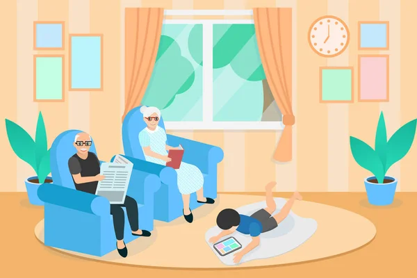 Büyükbabam ve büyükannem oturma odasında bir kanepede oturuyor, bir çocuk yatıyor ve tablet oynuyor, büyükbabam gazete okuyor, büyükannem kitap okuyor, evde kalıyor..