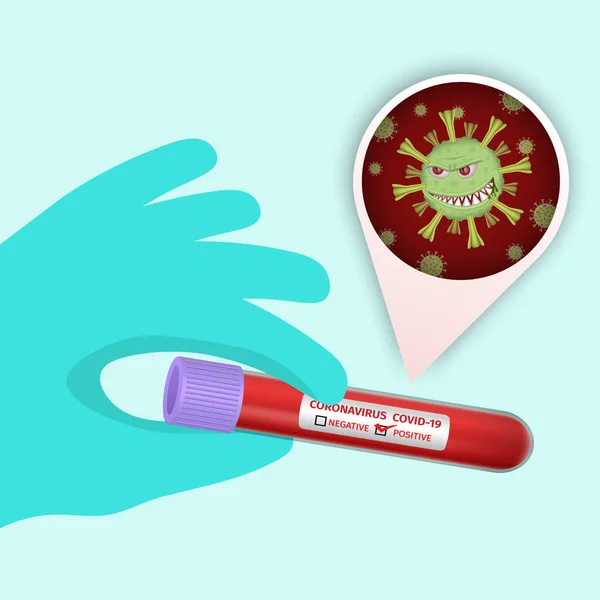 Pozitif Coronavirus virüsü içeren bir test tüpü. Korkunç ve şeytani suratlı virüs hücresi. Coronavirus 'un laboratuvar analizi. Kan testi konsepti. COVID-19. 2019-nCoV.