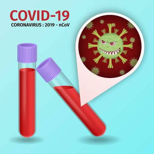 Pozitif Coronavirus virüsü içeren test tüpü. Korkunç ve şeytani suratlı virüs hücresi. Coronavirus 'un laboratuvar analizi. Kan testi konsepti. COVID-19. 2019-nCoV.