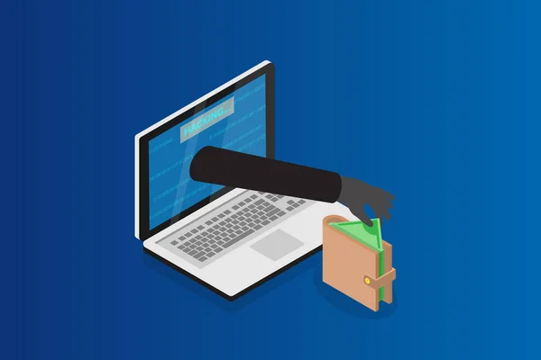 Bilgisayardaki bilgisayar korsanı cüzdan, izometrik vektör, çevrimiçi hacker, hacker konsepti para çalıyor..