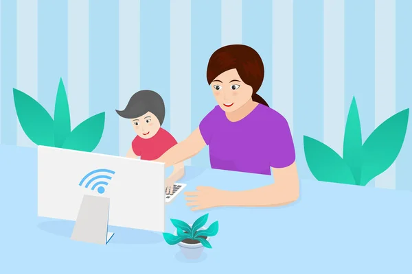 Anne kızına bilgisayar ve internet kullanmayı öğretiyor..