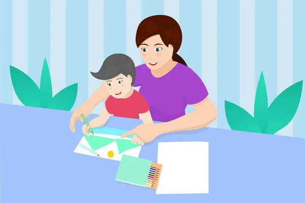 Anne kızına öğretiyor, anne çocuklarına yardım ediyor ve resim yapmayı öğretiyor..