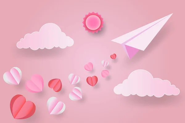 Kağıt Sanatı, Pembe origami kağıt uçak havada uçarken kalp gönderir Sevgililer Günü 'nde,