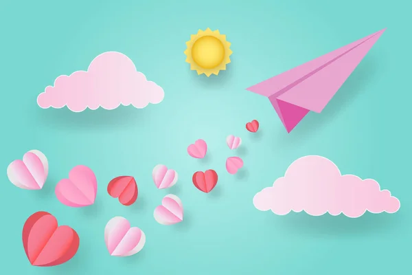 Kağıt Sanatı, Pembe origami kağıt uçak havada uçarken kalp gönderir Sevgililer Günü 'nde,