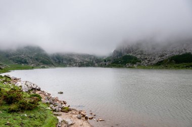 Enol Gölü 'nün ultra açılı manzarası Covadonga, Asturias, Kuzey İspanya